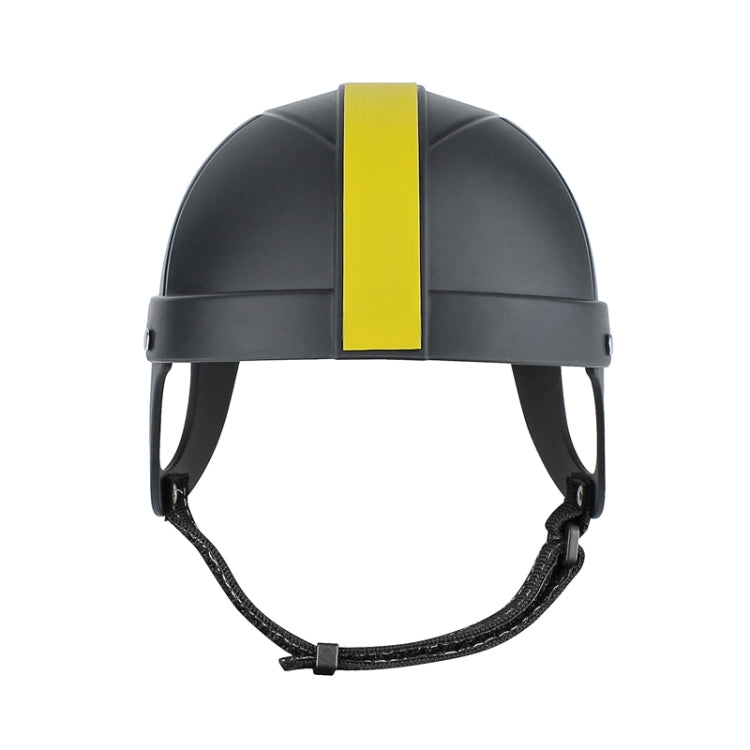 Black pet helmet with yellow vertical stripe and adjustable black chin strap