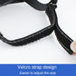 Black adjustable chin-strap with stitched edges and velcro closure