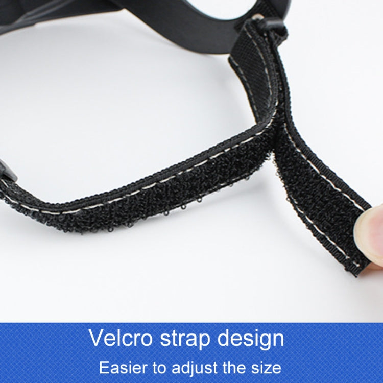 Black adjustable chin-strap with stitched edges and velcro closure
