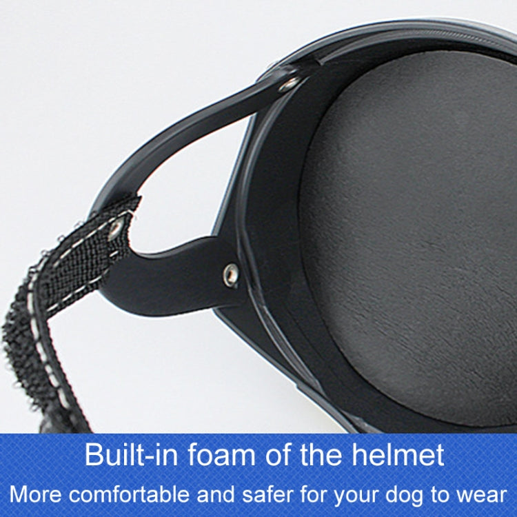 Black pet helmet with side chin strap attachment and smooth outer shell