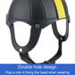 Black pet helmet with yellow stripe, chin guard, and dual front openings