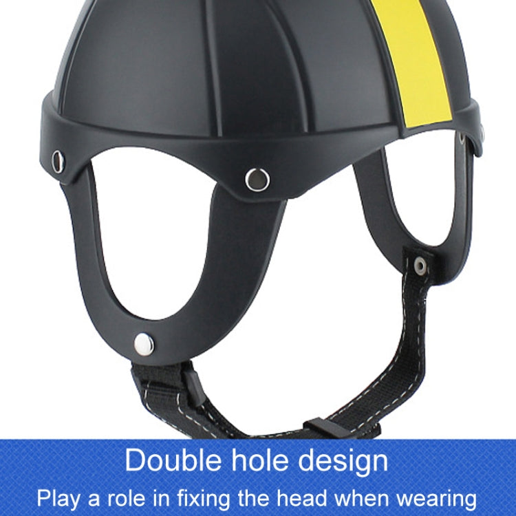 Black pet helmet with yellow stripe, chin guard, and dual front openings