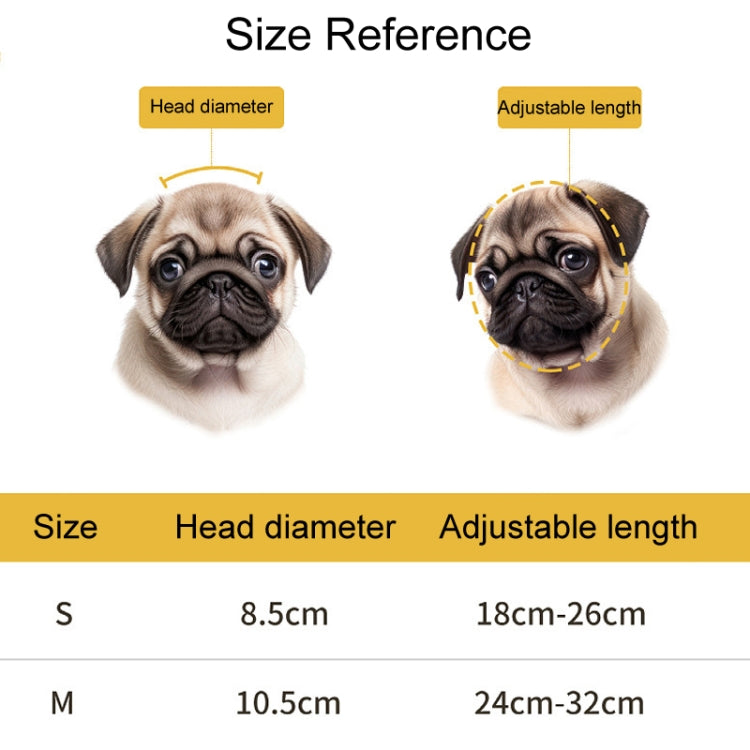 Pet helmet size reference chart showing S and M head diameter ranges
