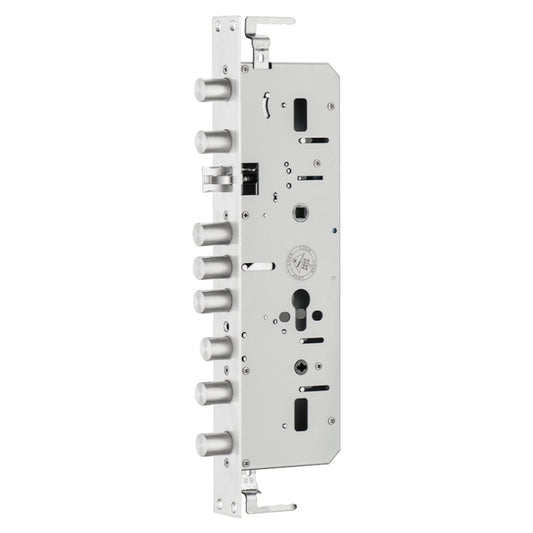 Steel security door lock body with multiple bolt pins and lever assembly, angled view