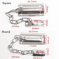 Dimension chart for square and round door chain lock latches with key measurements