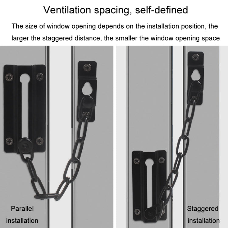Black square security door chain lock with metal plates and anti-theft chain latch