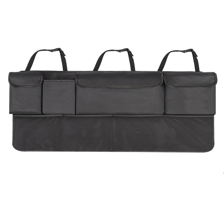 Car rear trunk storage organizer bag with three front pockets and top handles, dark gray