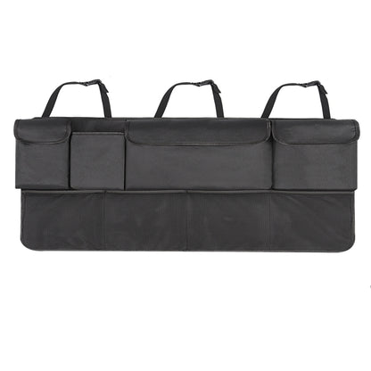 Car rear trunk storage organizer bag with three front pockets and top handles, dark gray