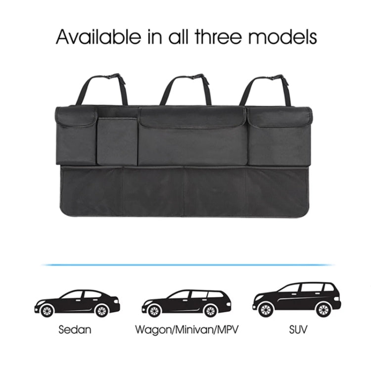 Car rear trunk organizer bag with multiple front pockets and carry handles, dark gray