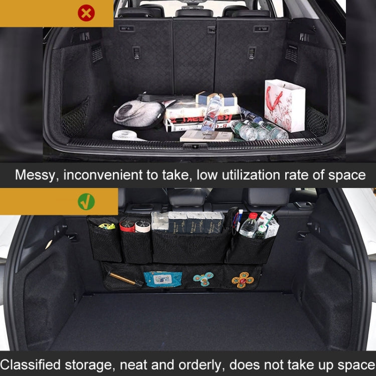 Rear trunk organizer bag with side mesh pockets and multiple dividers, black