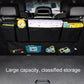 Car seat back storage organizer with classified pockets and stitched patch panels, black