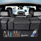 Car rear trunk storage organizer with wide bottom compartments and side pouches, black