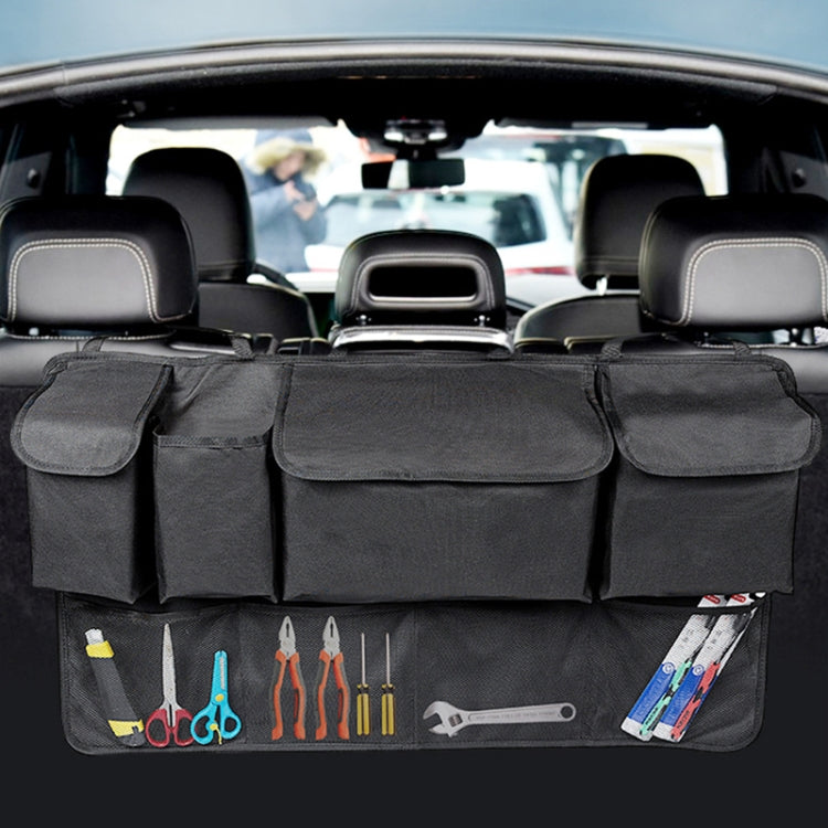 Car rear trunk storage organizer with wide bottom compartments and side pouches, black