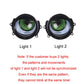 Two 3-inch LED demon eye light lenses showing green iris pattern in black rings