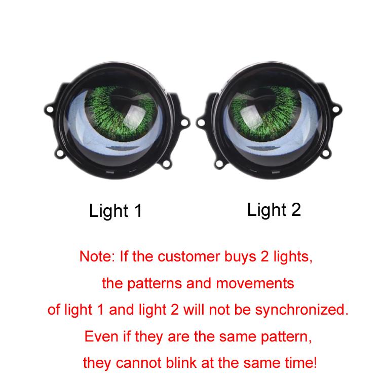 Two 3-inch LED demon eye light lenses showing green iris pattern in black rings