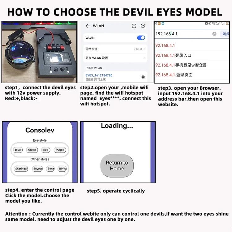 LED demon eye light control setup diagram with smartphone and controller screenshots