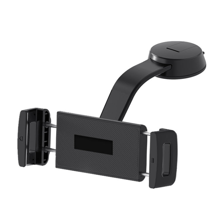 Black car dashboard tablet and phone holder with clamp arms and suction cup base
