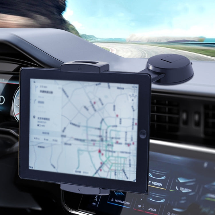 Car dashboard tablet holder with black mount and curved support arm