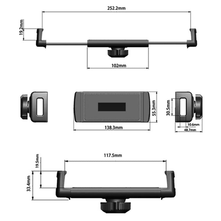 Car tablet holder mount shown in size diagram with adjustable clamp and arm