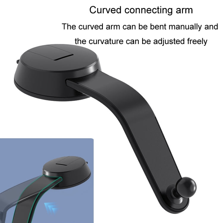 Car tablet holder with curved connecting arm and round suction cup base