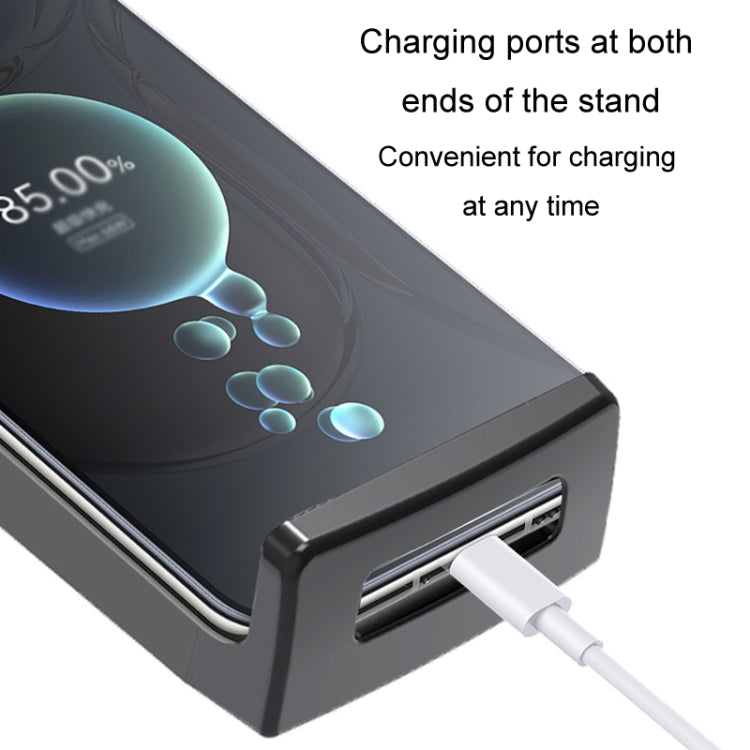 Car tablet stand with dual charging ports at both ends and plug-in cable