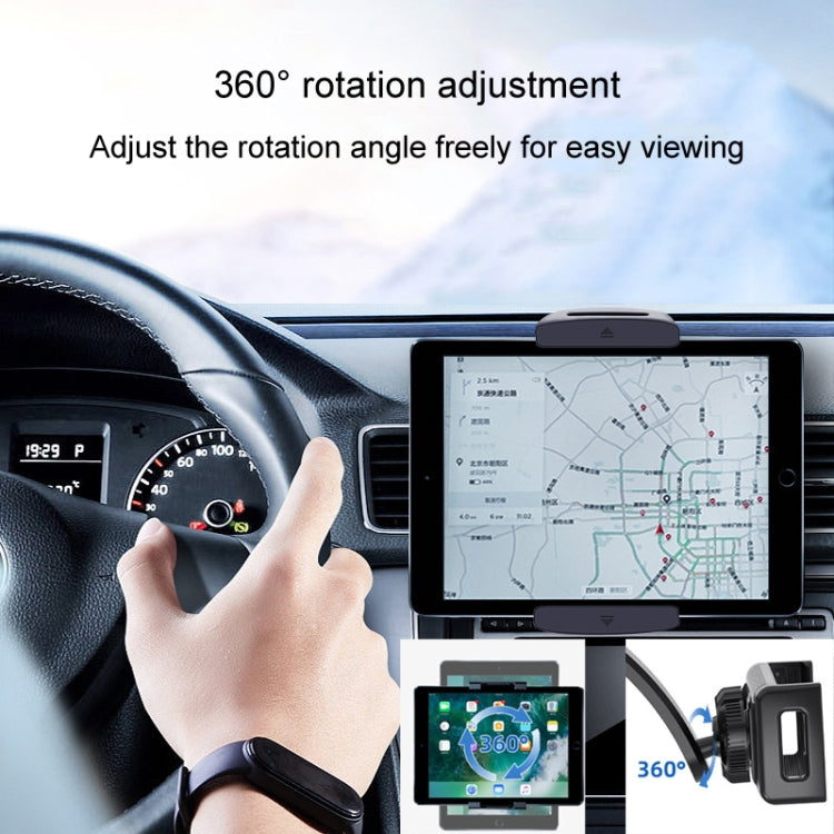 Car dashboard tablet holder with 360-degree rotatable mount and clamp grip