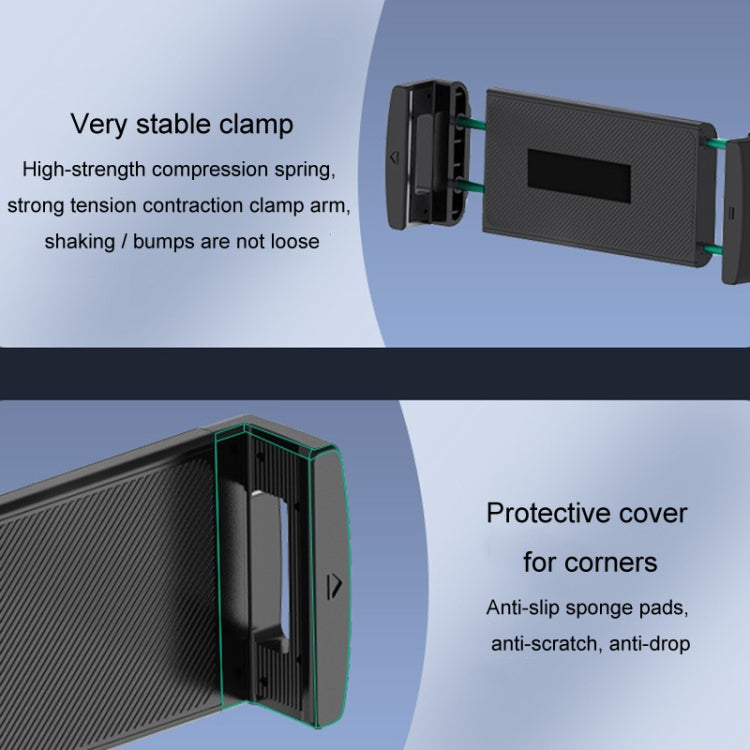 Stable car tablet clamp mount with protective corner pads and spring-loaded arms