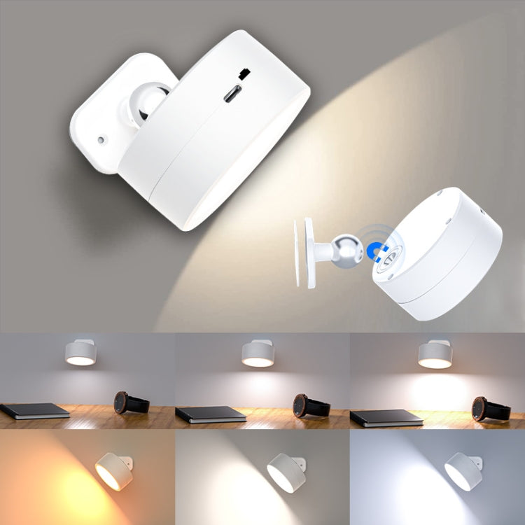 White rotating LED magnetic spotlight with wall-mounted bracket and angled head