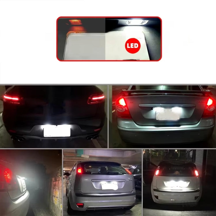 Pair of LED license plate lights glowing bright white for rear license plate