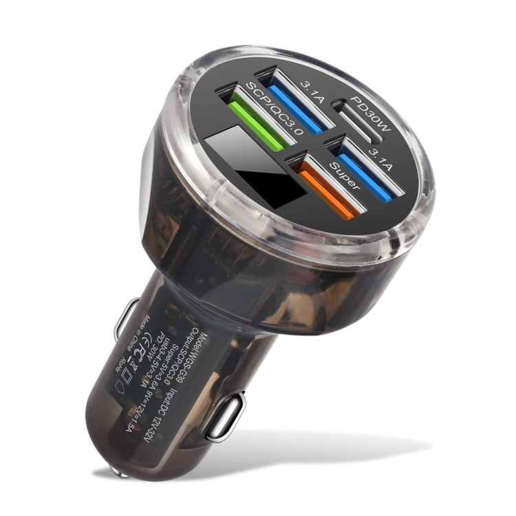 Multi-port car charger with LED voltage display, black metal body and USB ports