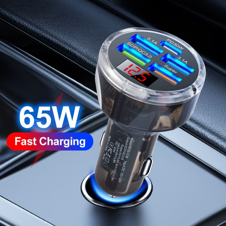 Multi-port car charger with clear top and red LED voltage readout, dual USB ports