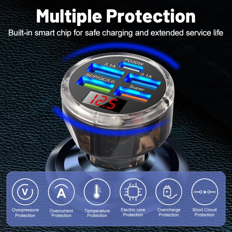 Multi-port car charger with digital LED voltage display and blue indicator ring