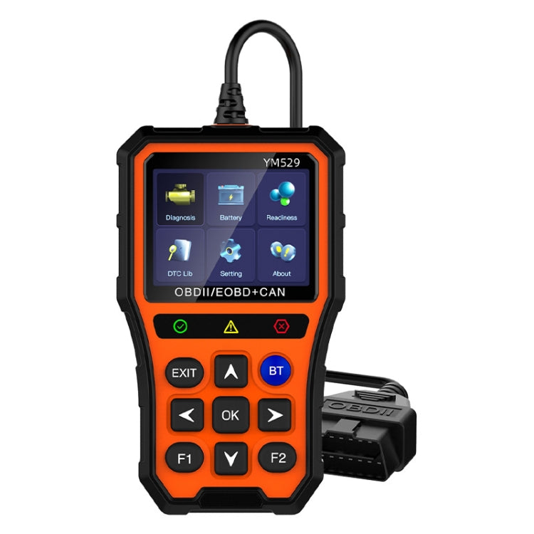 OBD diagnostic scanner with orange/black body, top cable, and lit touchscreen display