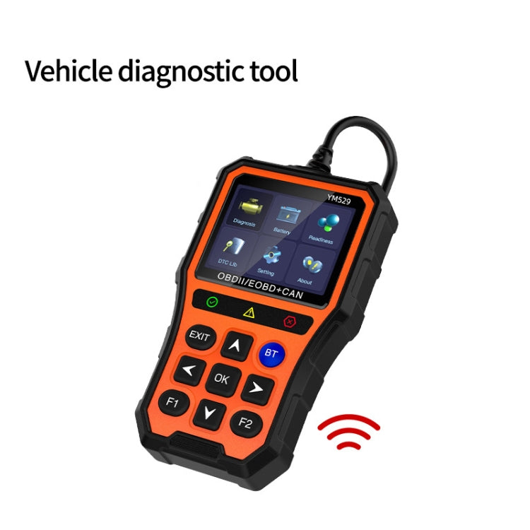 Handheld OBD diagnostic scanner with orange/black casing and screen showing menu icons