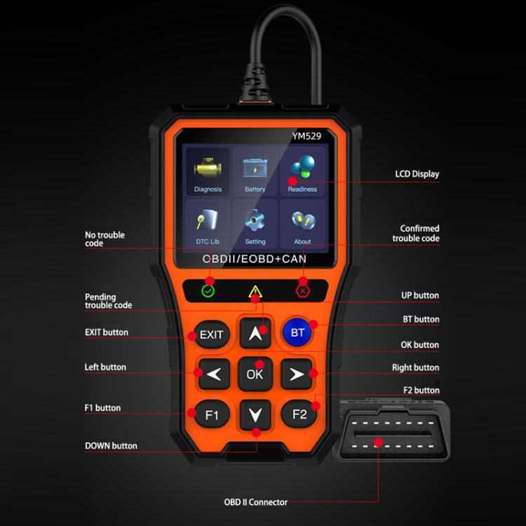 OBD diagnostic scanner handheld with on-screen controls and side OBD connector