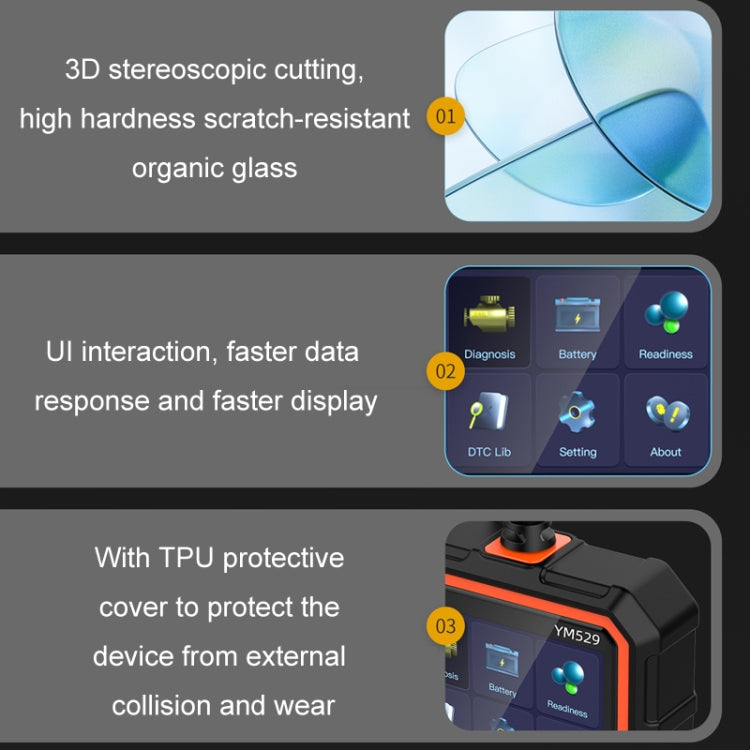 OBD diagnostic scanner with orange/black protective cover and UI display panels