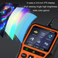 OBD diagnostic scanner angled view with bright touchscreen and connected cable