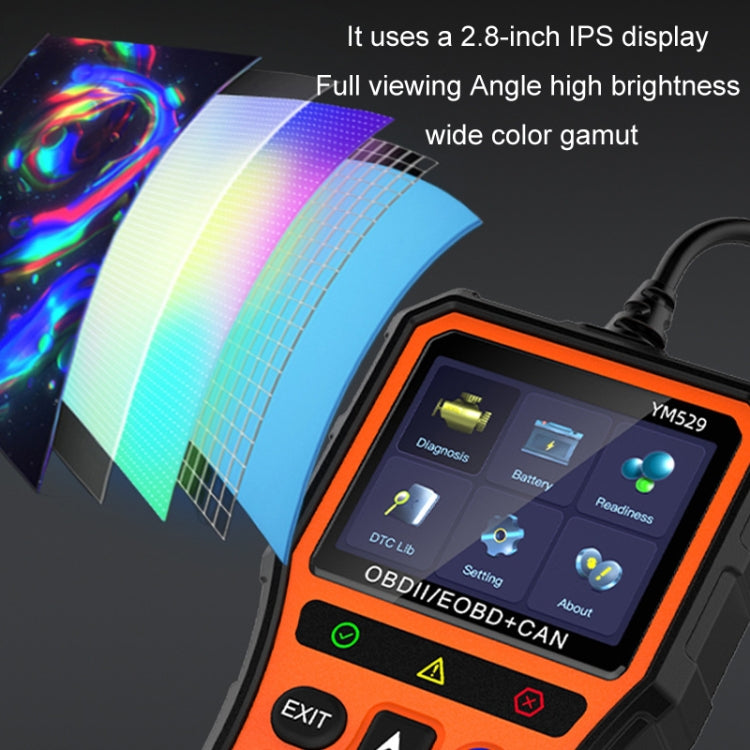 OBD diagnostic scanner angled view with bright touchscreen and connected cable