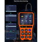 OBD diagnostic scanner showing real-time data on its screen with cable attached