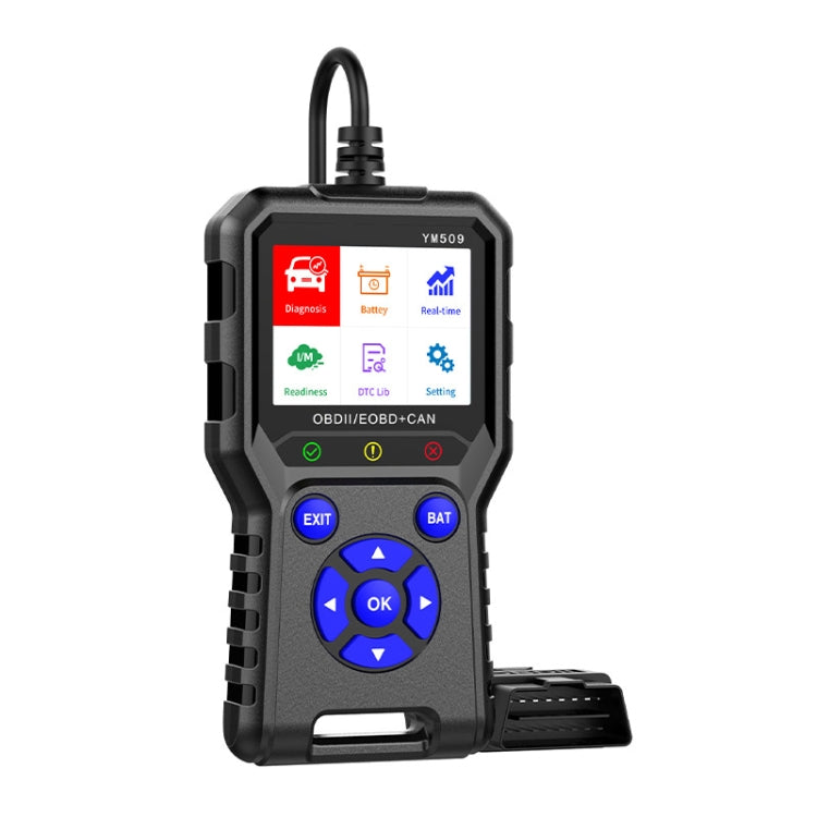 OBD2 diagnostic scan tool with color screen, circular buttons, and OBD plug