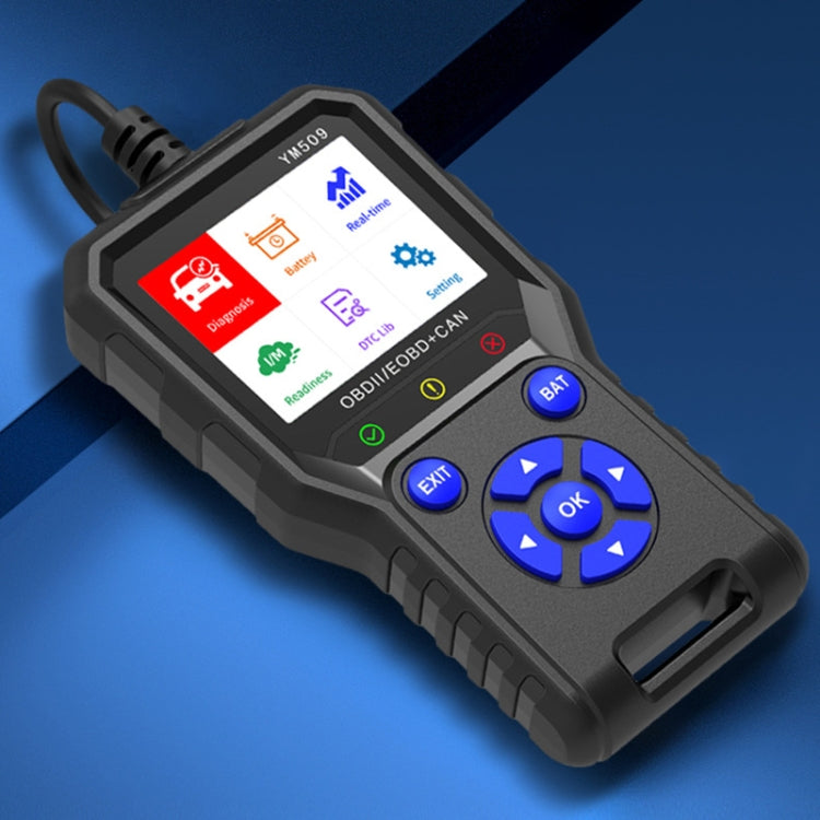Handheld OBD2 scanner with angled display, blue OK button pad, and side cable