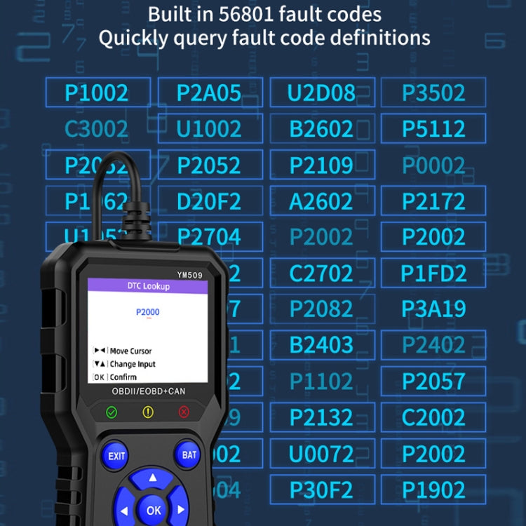 OBD2 diagnostic tool screen showing fault codes and navigation controls