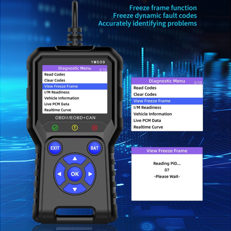 OBD2 scan tool with LCD menu interface and freeze-frame function display
