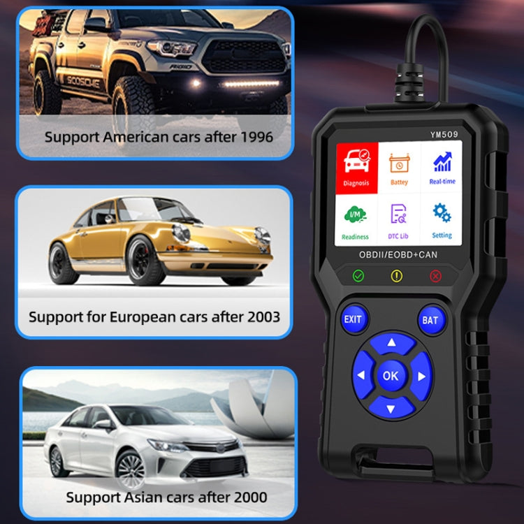 OBD2 diagnostic instrument with display, blue buttons, and connector for car use