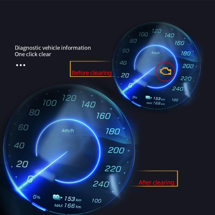 OBD2 scanner with dashboard-style gauge graphics for clearing diagnostic data