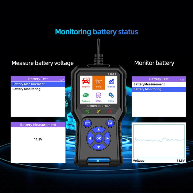 OBD2 diagnostic tool showing battery test and voltage monitoring screens