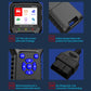 OBD2 scan tool design close-ups: screen, side port, buttons, and OBD connector