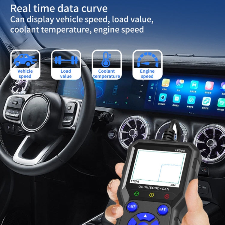 Hand holding OBD2 diagnostic scanner displaying real-time data on screen