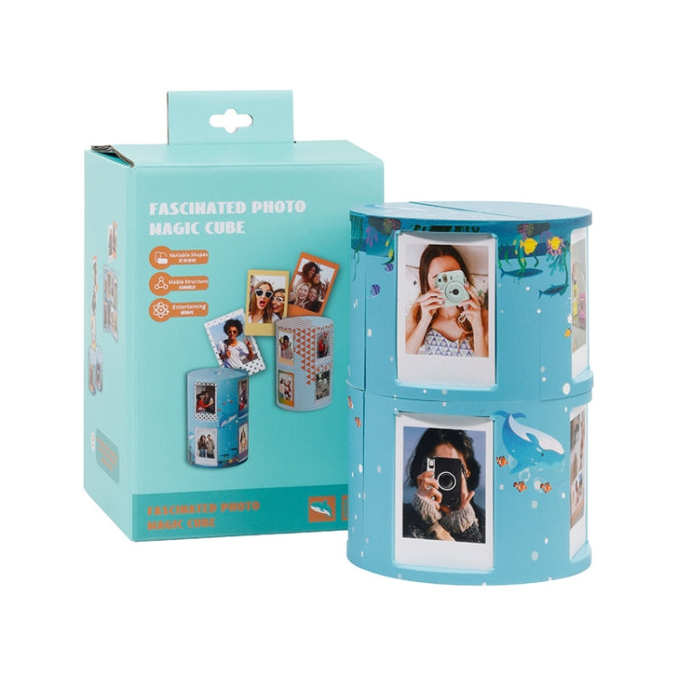 Blue underwater-themed photo cube storage rack with four hinged picture frames