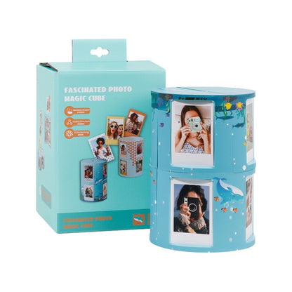 Blue underwater-themed photo cube storage rack with four hinged picture frames